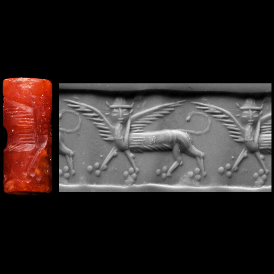 Western Asiatic Carnelian Cylinder Seal with Winged God Lamassu