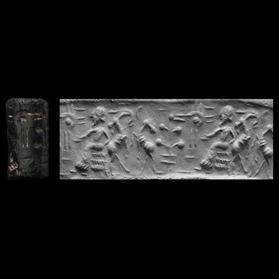 Western Asiatic Black Stone Cylinder Seal with Court Scene
