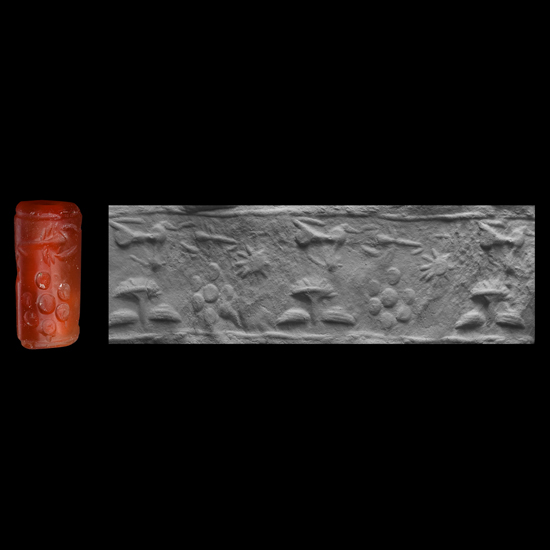 Western Asiatic Carnelian Cylinder Seal with Bird and Ibex