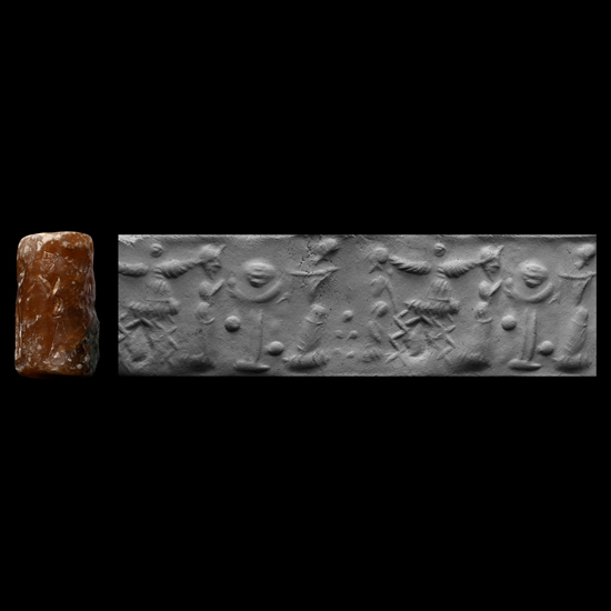 Western Asiatic Brown Stone Cylinder Seal with Worship Scene
