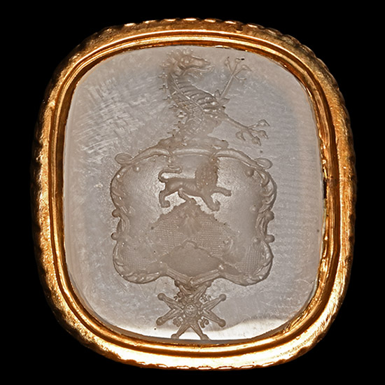 Post Medieval Gold Fob Seal with Chalcedony Gemstone with Heraldic Arms