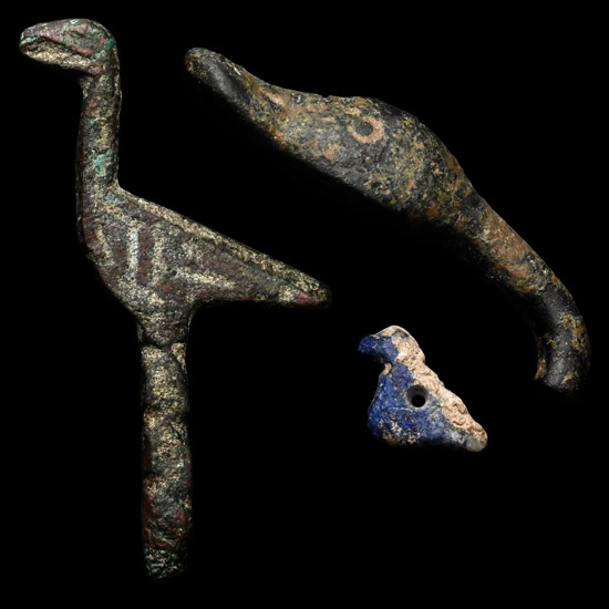 Roman Bronze and Lapis Bird Finial and Bead Group