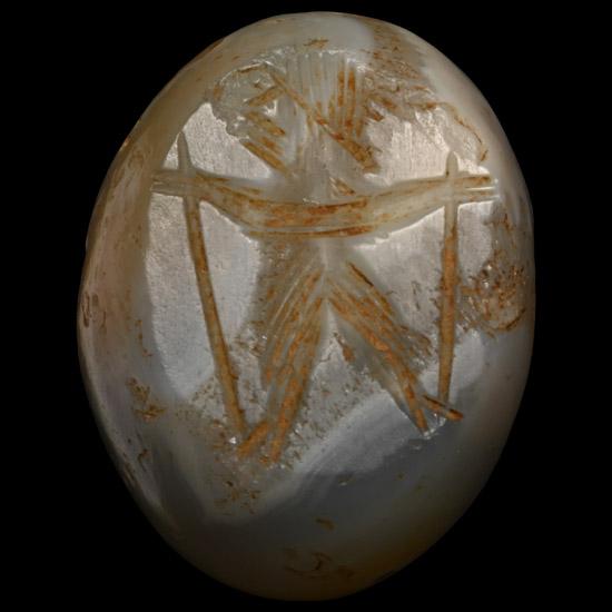 Sasanian Agate Stamp Seal with Man Holding Staves