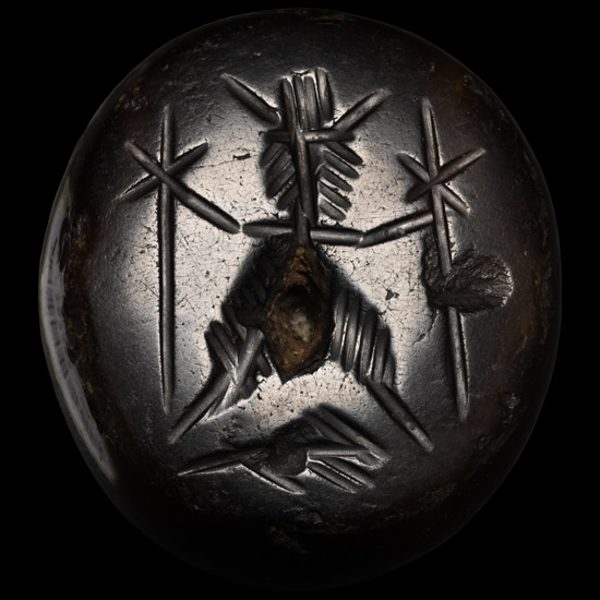 Large Sasanian Dark Agate Stamp Seal with Master of Animals