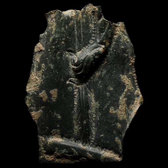 Roman Bronze Helmet Fragment with Hand Holding a Plumed Staff