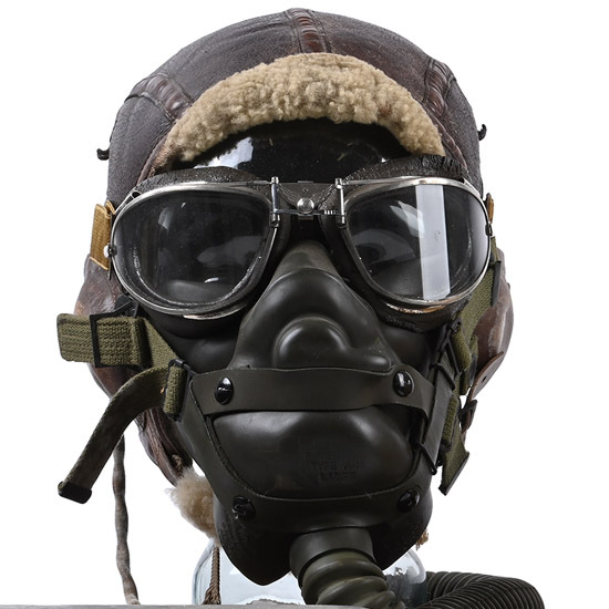 American Air Force WWII Sheepskin Helmet, Earphones, Posh Goggles, Throat Mic and Oxygen Mask in Display Case