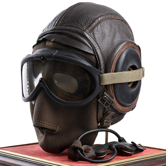 American Air Force WWII Sheepskin Helmet, Earphones, Goggles, Face Cover and Throat Mic in Display Case
