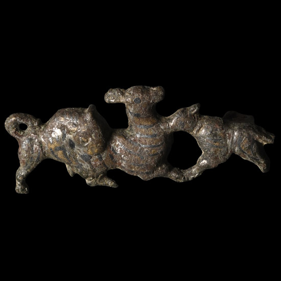 Roman Tinned Bronze Lion Pair Attacking a Deer Plate Brooch