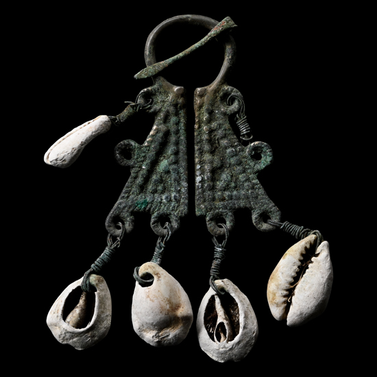 Viking Age Bronze Omega Brooch with Shell Dangles