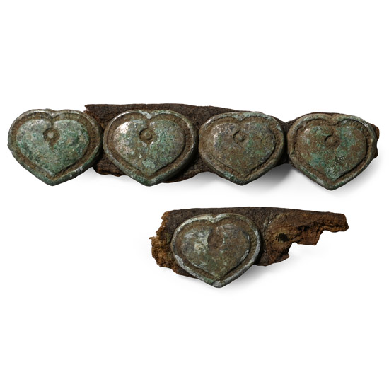 Viking Age Leather Belt Fragments with Tinned Bronze Heart-Shaped Mounts