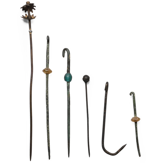 Medieval Bronze Pin and Fish Hook Group