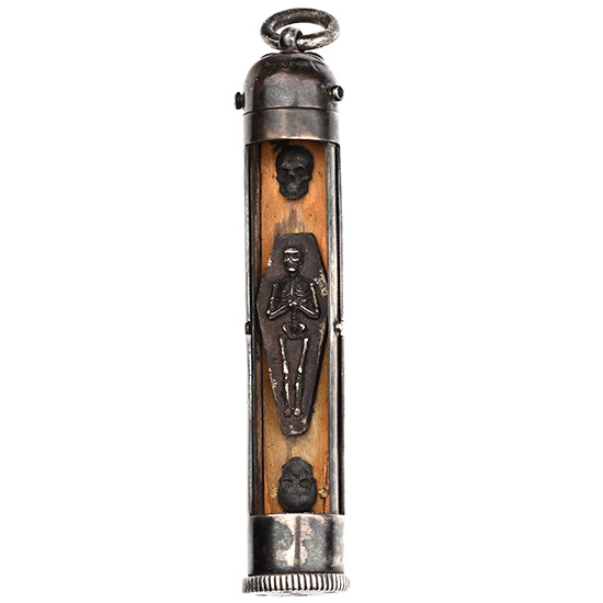 Antique Silver Memento Mori Pendant with Skulls and Skeleton