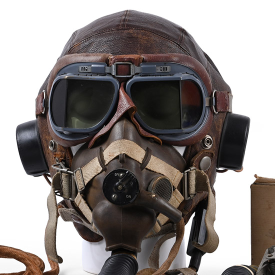 Complete Royal Air Force WWII Flying Helmet Set Up in Display Case