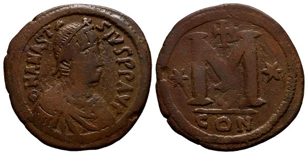 Anastasius I AE 40 Nummi or Follis.