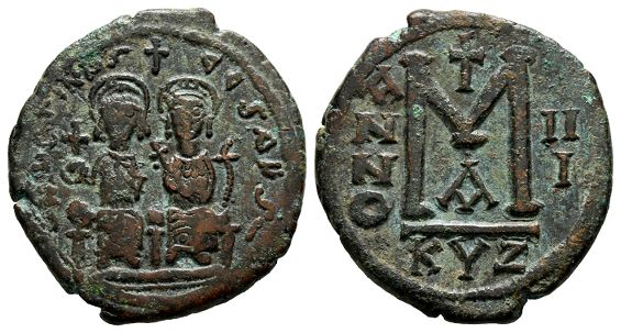Justin and Sophia AE 40 Nummi or Follis.