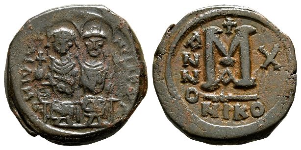 Justin II and Sophia AE 40 Nummi or Follis.
