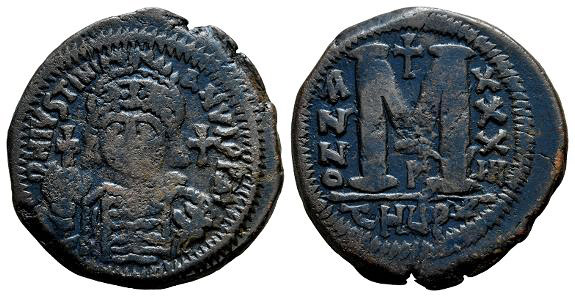 Justinian I AE 40 Nummi or Follis.