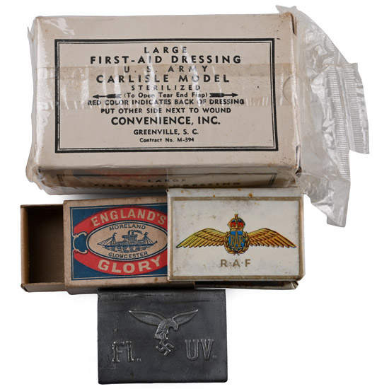 American Air Force WWII Bandage, Matchbox and Holder and German Match Box Holder Group