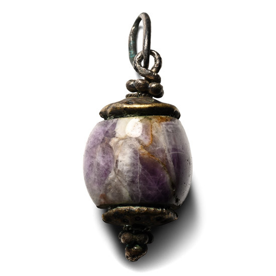 Viking Age Bronze Pendant with Polished Amethyst Bead