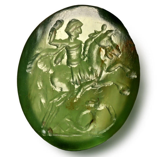 Roman Green Chalcedony Gemstone of Horse and Rider with a Snake