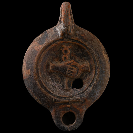 Roman Terracotta Oil Lamp with Clasped Hands Holding a Caduceus