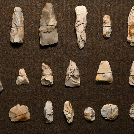 French Stone Age Axe and Other Knapped Flint Tool Display