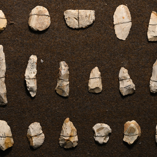 French Stone Age Axe and Other Knapped Flint Tool Display
