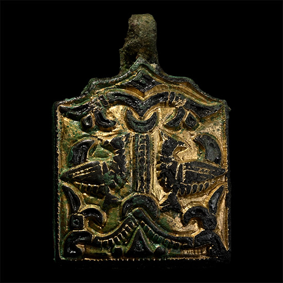 Viking Gilt Bronze Horse Harness Pendant with Birds