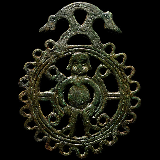 Pre-Viking Bronze Openwork Pendant with Bound Figure and Dragons