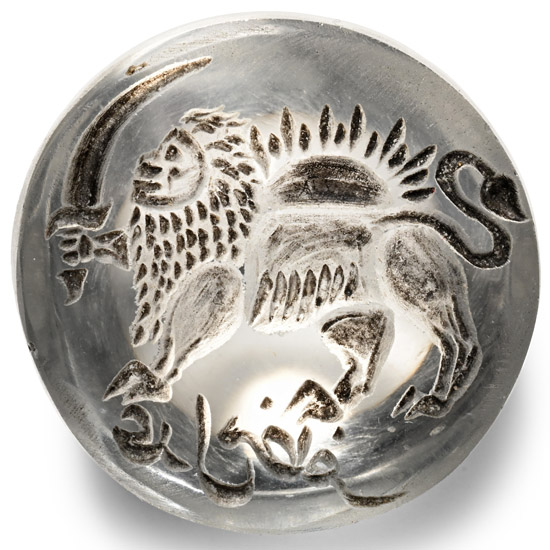 Qajar Rock Crystal Seal with Lion and Sun Motif and Almosassa Calligraphic Inscription