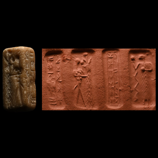Mesopotamian Cream Steatite Four-Sided Seal with Figures and Cuneiform Text