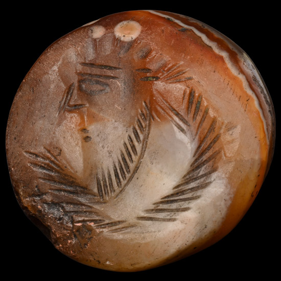 Sasanian Banded Agate Stamp Seal with Bust and Palm Fronds