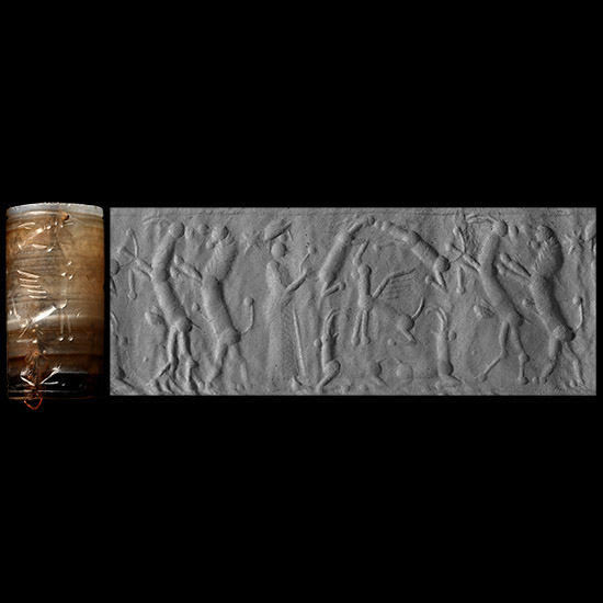 Neo-Assyrian Banded Calcite Cylinder Seal with Worshipping Scene