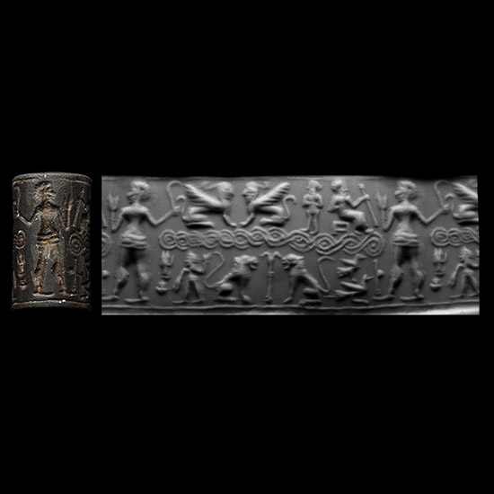 Western Asiatic Hematite Cylinder Seal with Worshipping Scene