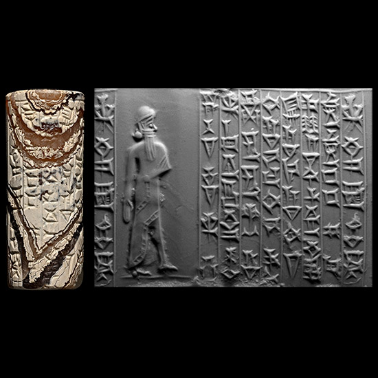 Kassite Cylinder Seal with Standing God and Sumerian Prayer to Adad, the God of Storm