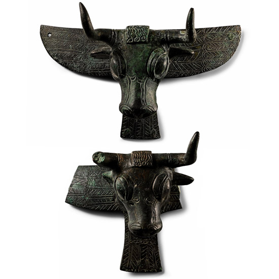 Urartu Bull-Headed Bronze Cauldron Applique Pair