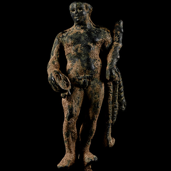 Roman Bronze Figure of Hercules Holding Club and Skyphos