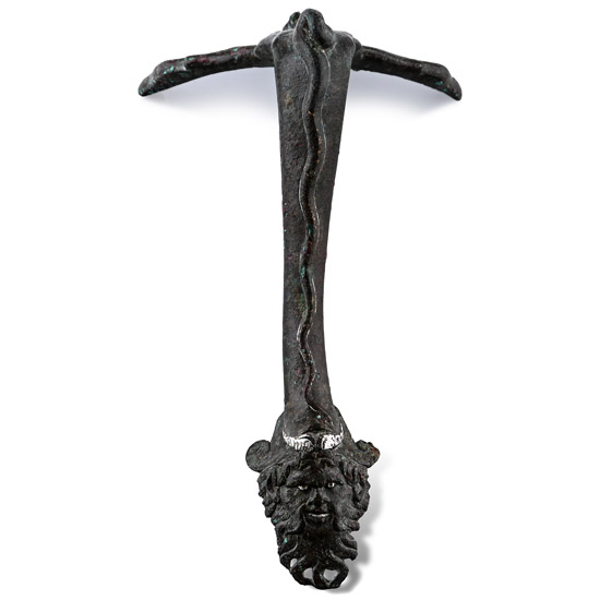 Roman Bronze Vessel Handle with Silver Inlaid Face