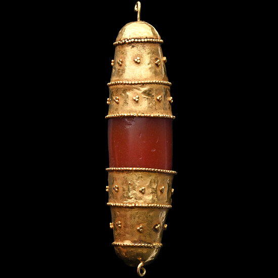 Hellenistic Carnelian Bead with Gold End Caps