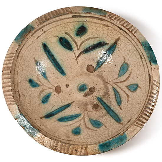 Western Asiatic Ceramic Bowl with Blue Leaf Design