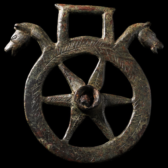 Late Roman Bronze Horse Harness Phalera with Horse Heads
