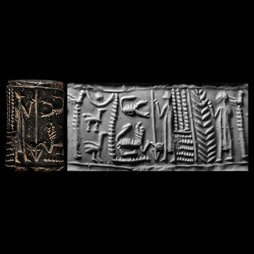 The Ada Moore Syrian Black Stone Cylinder Seal with Standing Figure and Scorpion
