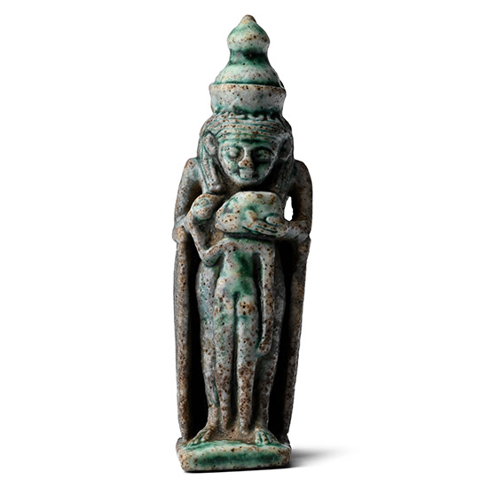 Egyptian Green Glazed Faience Mut Suckling Khonsu with Winged Sekhmet on the Back