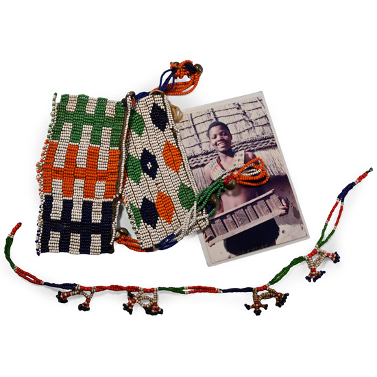 Zulu Womans Beaded Isijumba and Izilimi Neckpieces and Photograph of Ms Themba Xulu, a Descendant of the Owner, Wearing It