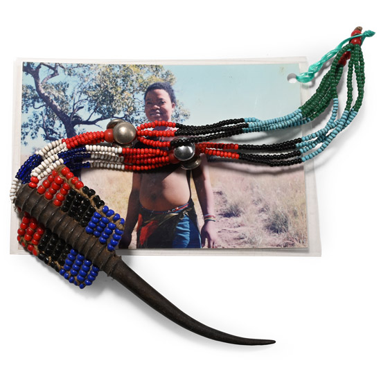 Zulu Womans Beaded Ujibilili Necklace and Photograph of Lindiwe Masondo, a Descendant of the Owner, Wearing It
