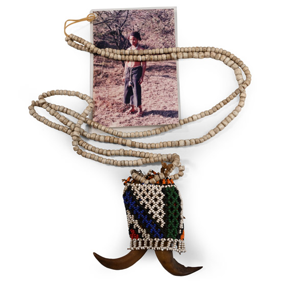 Zulu Womans Beaded Goat Horn Wedding Necklace and Photograph of an Unknown Zulu, a Descendant of the Owner, Wearing It