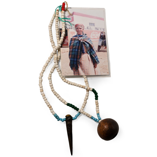 Zulu Womans Beaded Ishungu Snuff Container Necklace and Photograph of Ms Phumzile Mandlakazi, a Descendant of the Owner, Wearing It