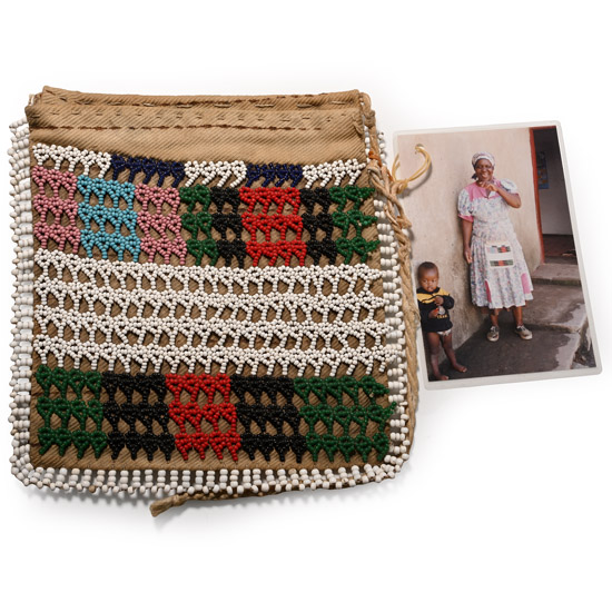 Zulu Womans Beaded IIsikwama Hand Bag Apron and Photograph of Mrs Zama Sithole, a Descendant of the Owner, Wearing It