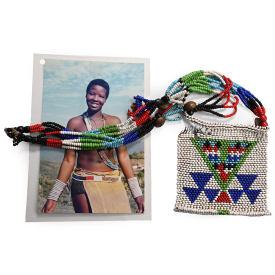 Zulu Womans Beaded Isijoumba Collar and Photograph of Ms Thandi Khumalo, a Descendant of the Owner, Wearing It