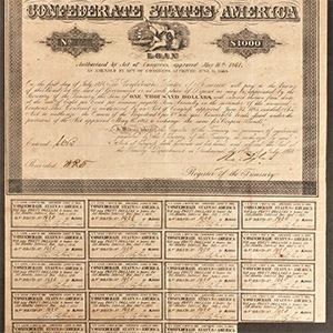 United States of America. Framed Confederate 1,000 Dollar Bond and Interest Coupons.